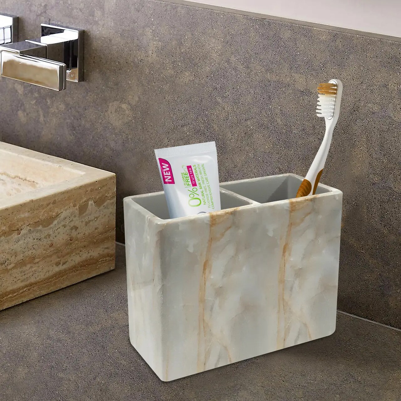 Resin Toothbrush Holder | Compact Multi-Slot Holder for Toothbrushes,Razors & Makeup Accessories | Marble Finish